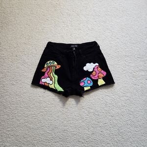 Dolls Kill Black Jean Shorts with Colorful Mushroom Art